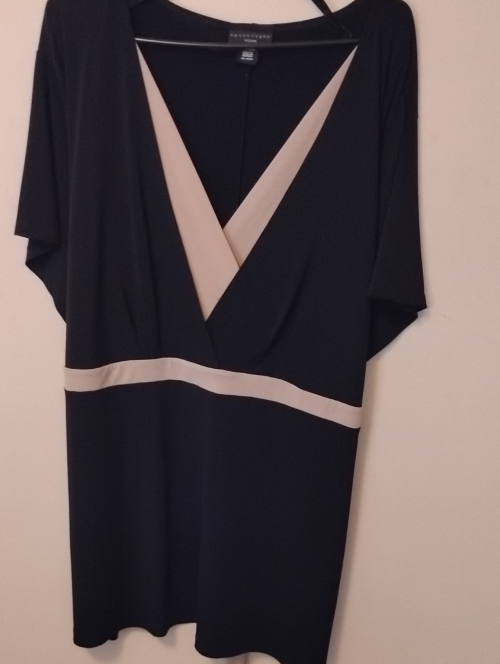 Apostrophe Black Blouse with Cream Trim V-Neckline